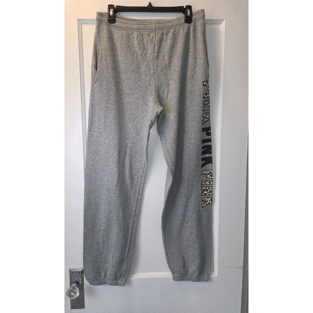 VS PINK VINTAGE Y2K WIDE LEG BOYFRIEND SWEATPANTS GRAY LEOPARD CHEETAH LOGO RARE